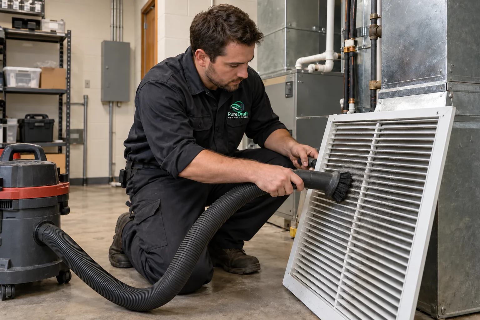 Illustrative scene of a male technician cleaning a removable grille in an office mechanical area