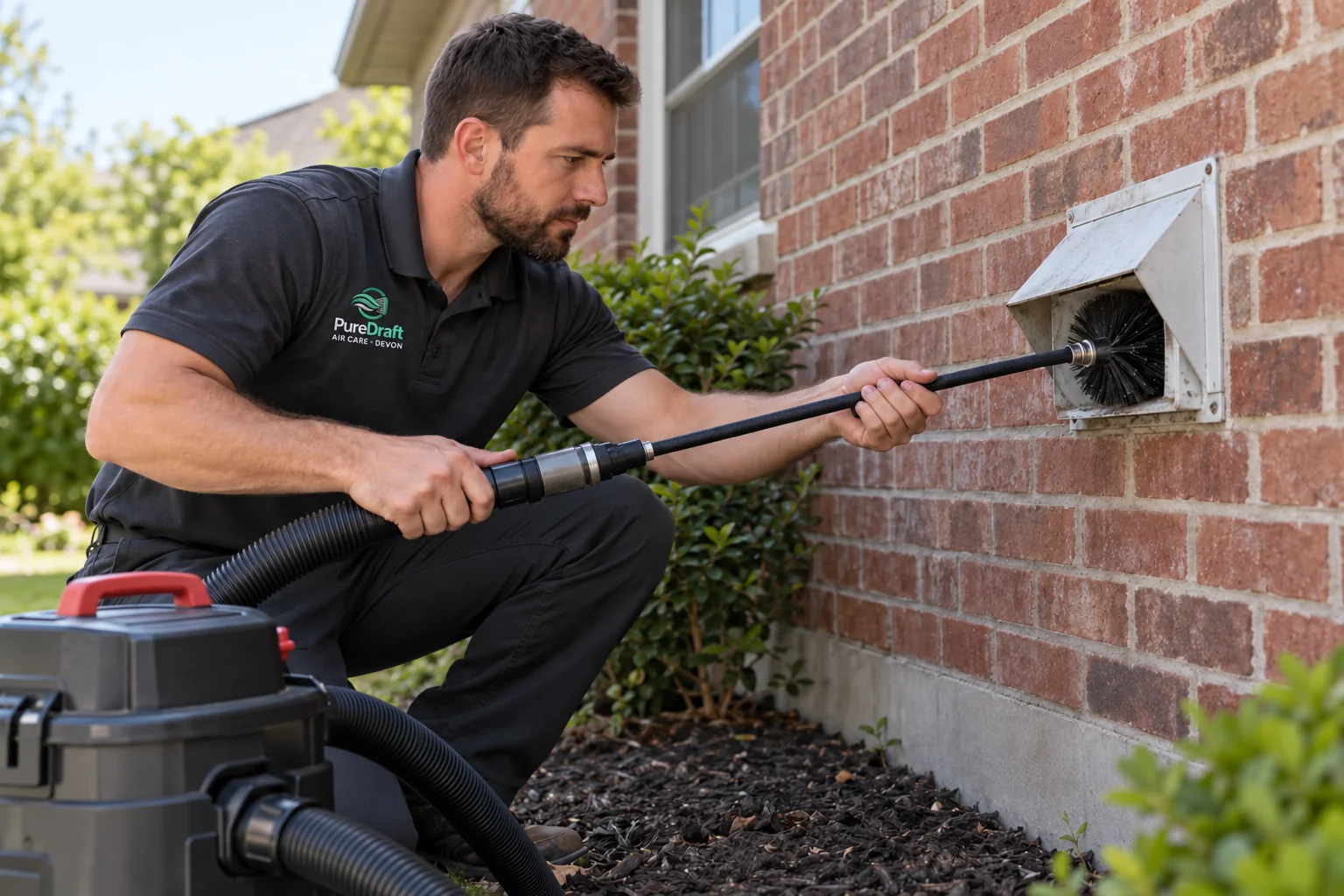 Illustrative scene of a male technician using a brush at an exterior dryer exhaust hood