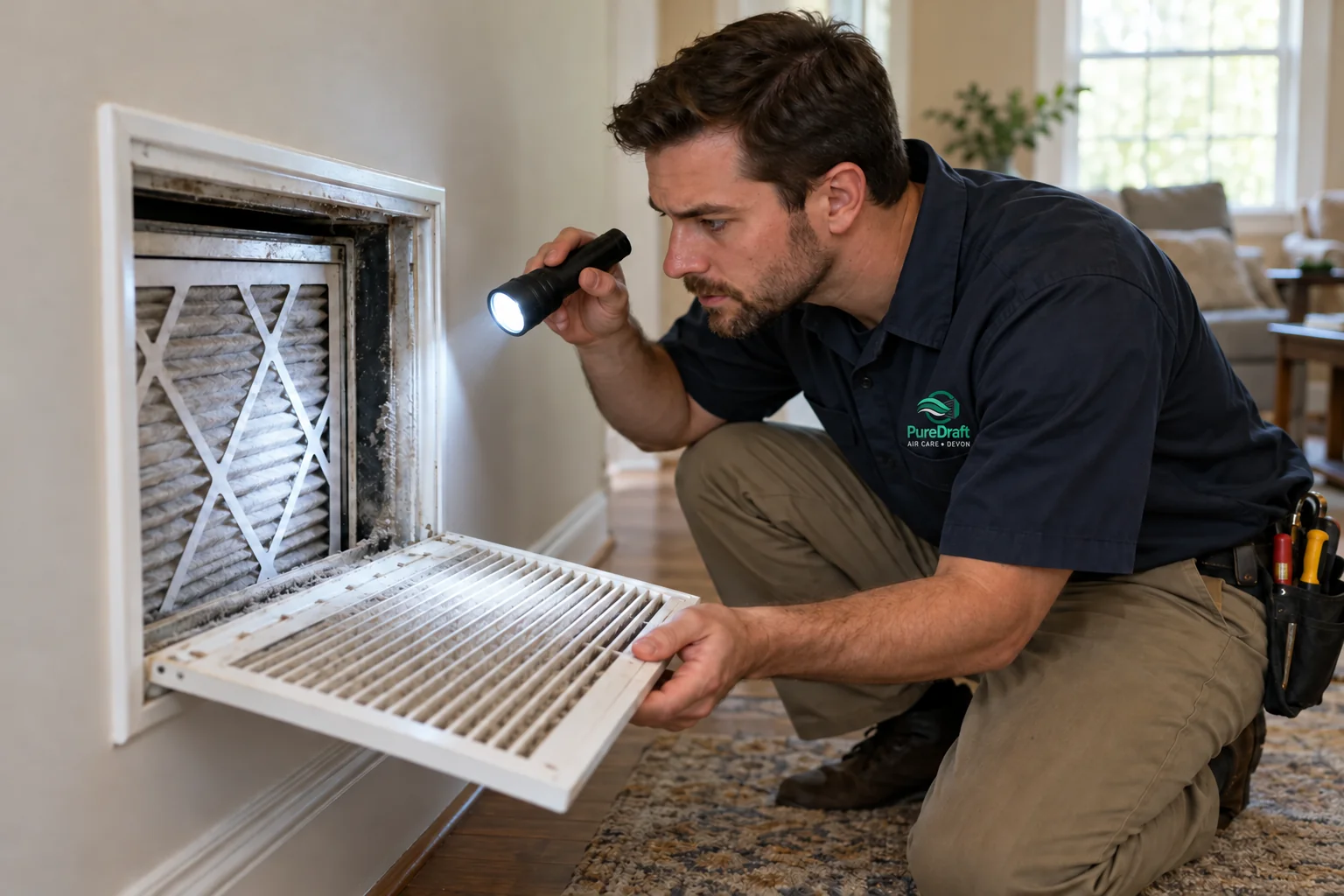 Illustrative scene of a male technician inspecting an accessible home return vent with a flashlight