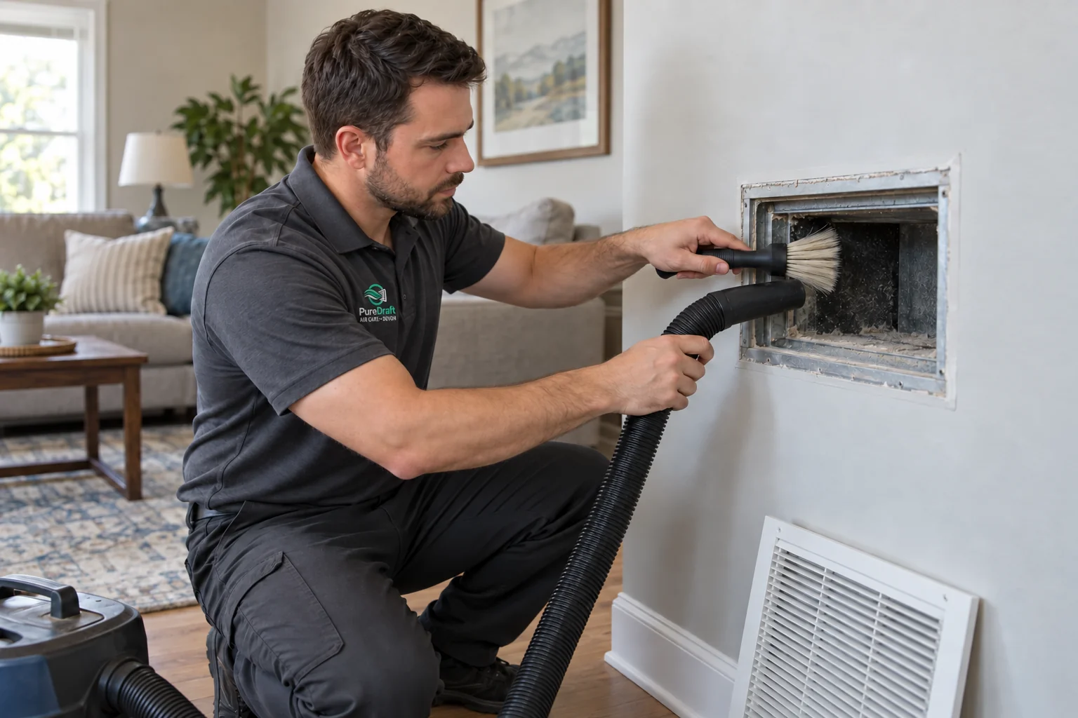 Illustrative scene of a male technician brushing an accessible wall HVAC supply vent while using a vacuum hose
