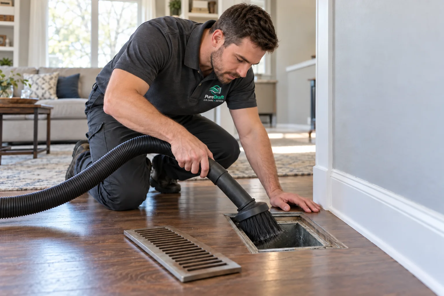 Illustrative scene of a male technician cleaning an accessible residential floor return register with a vacuum hose