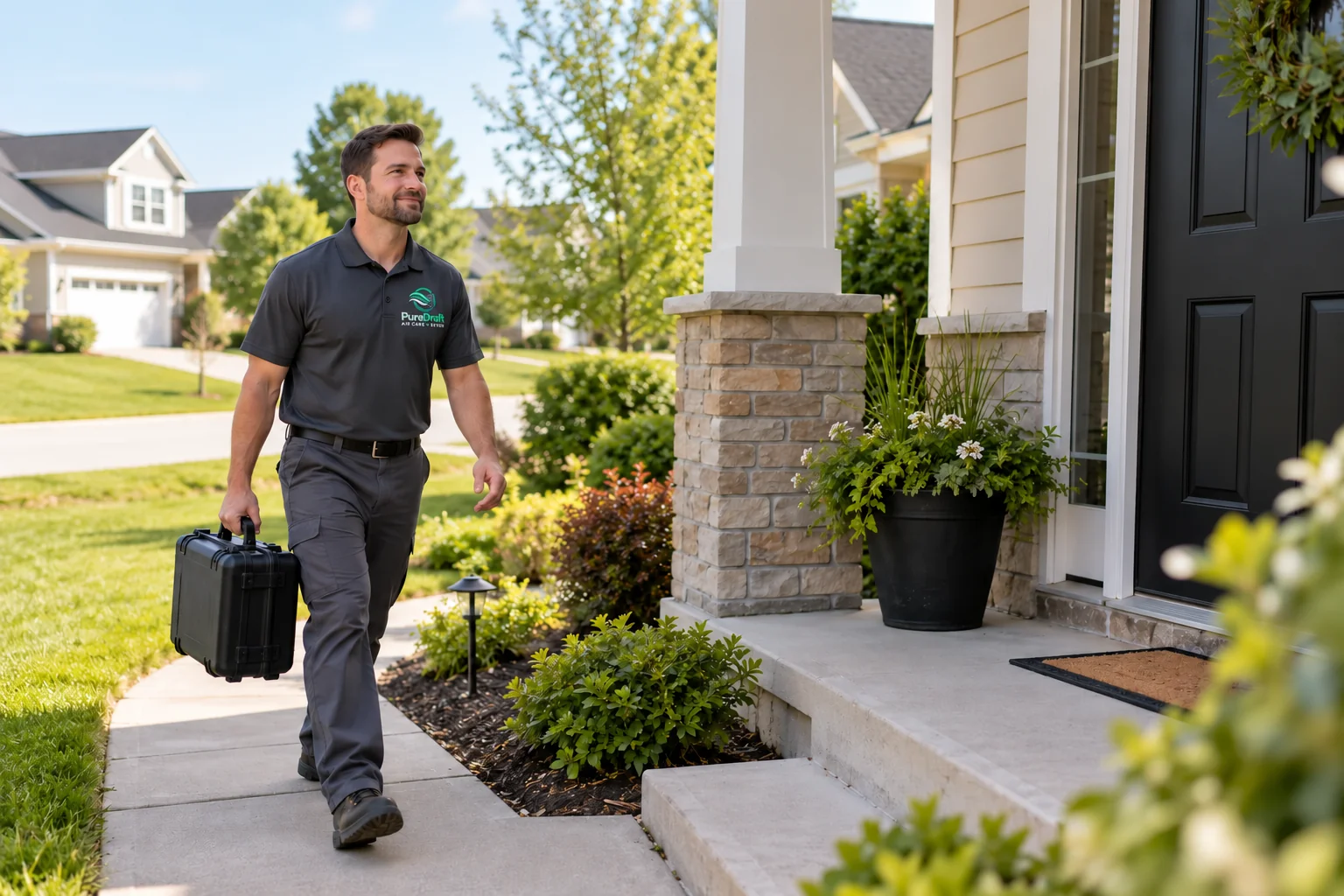 Illustrative scene of a male technician carrying an inspection case toward a suburban home