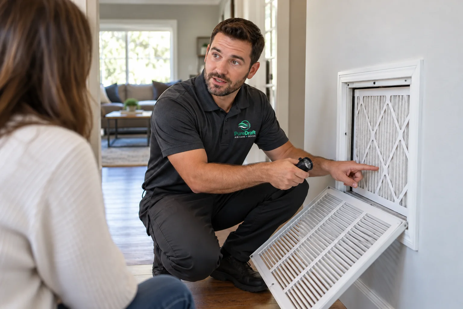 Illustrative scene of a male technician explaining an accessible return grille to a homeowner